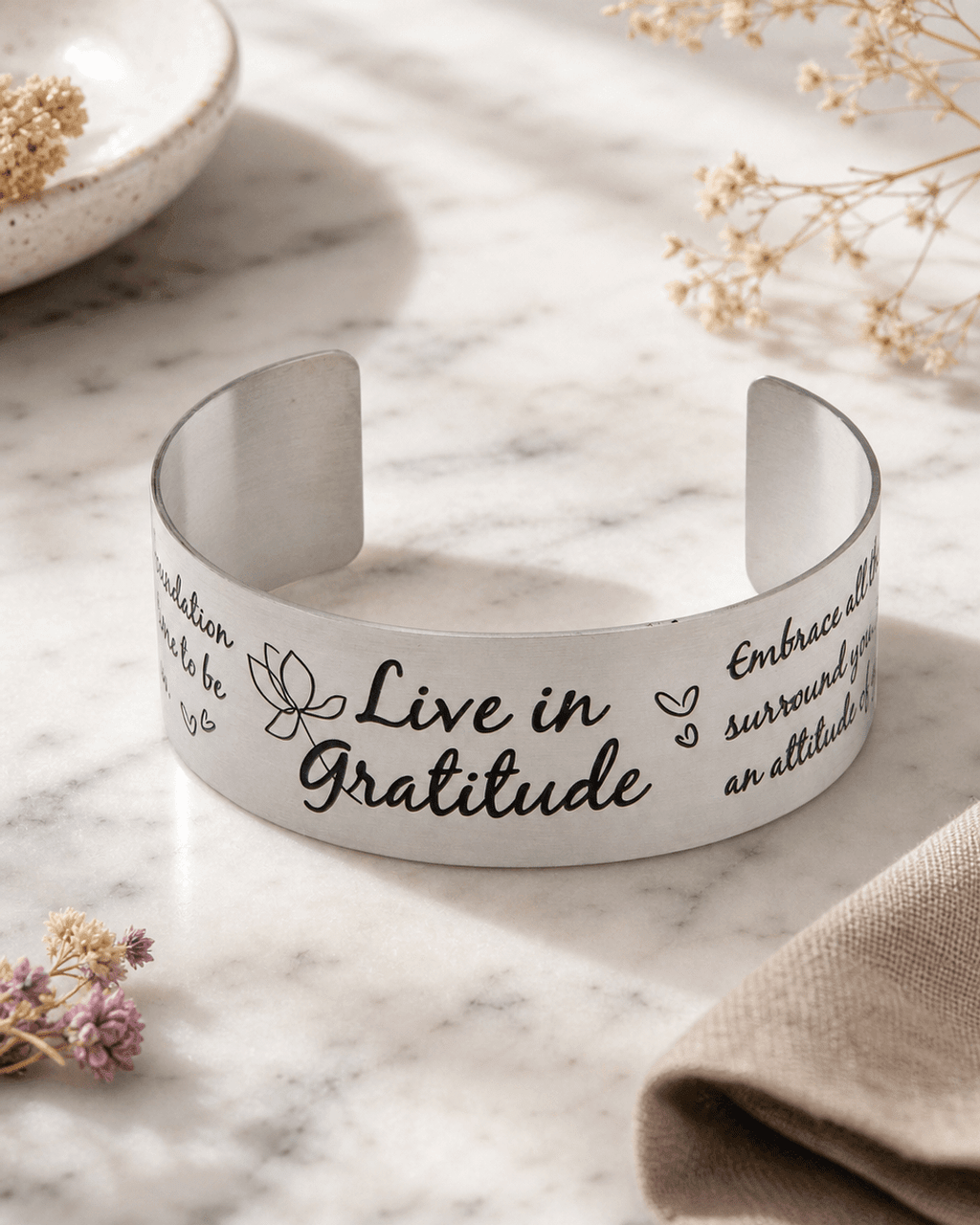 Live in Gratitude Stainless Steel Adjustable Inspirational Cuff Bracelet - Bracelets