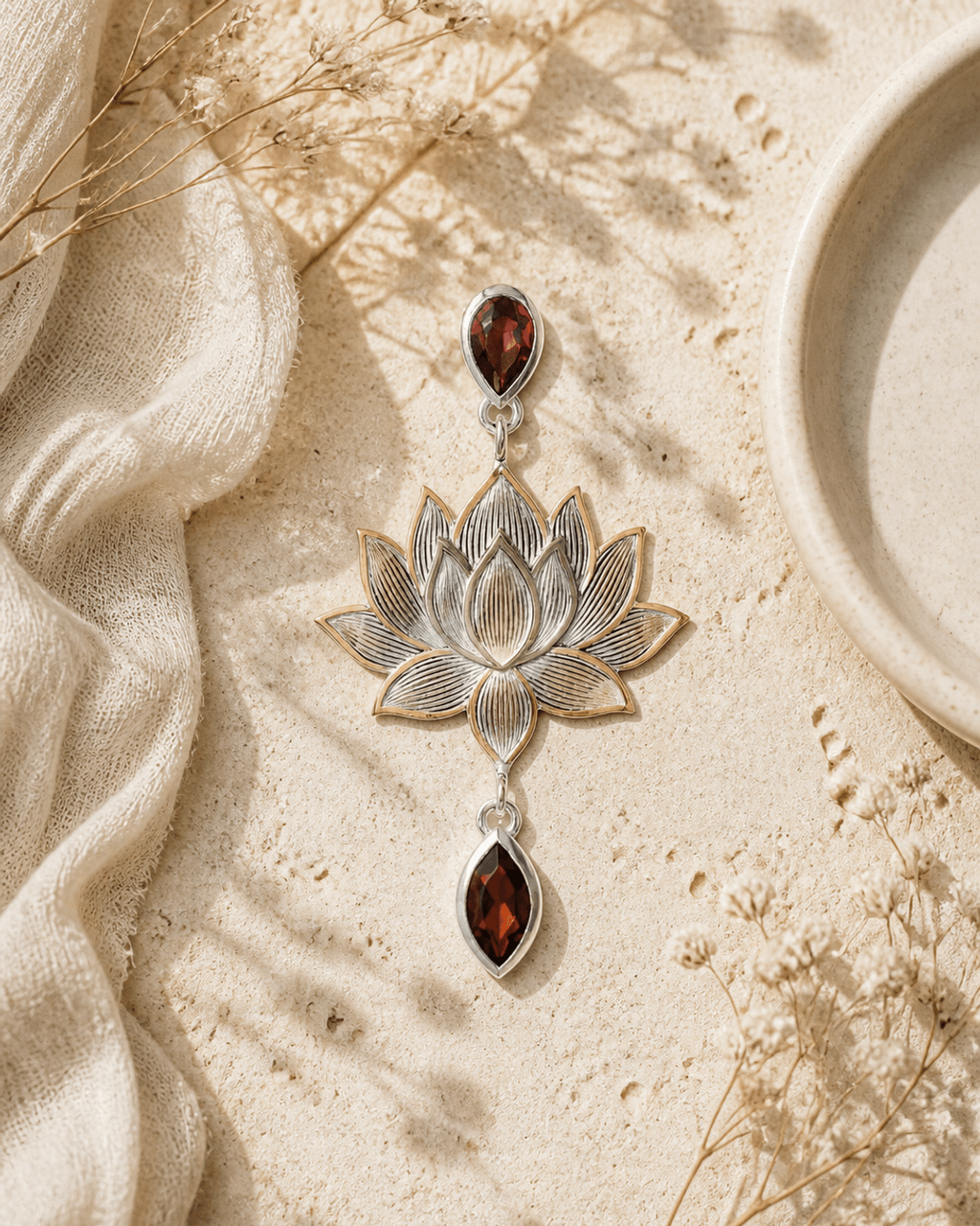 Lotus Bloom Bronze Dangle Pendant with Garnet Accents — new products (staging), editorial travertine lifestyle photo