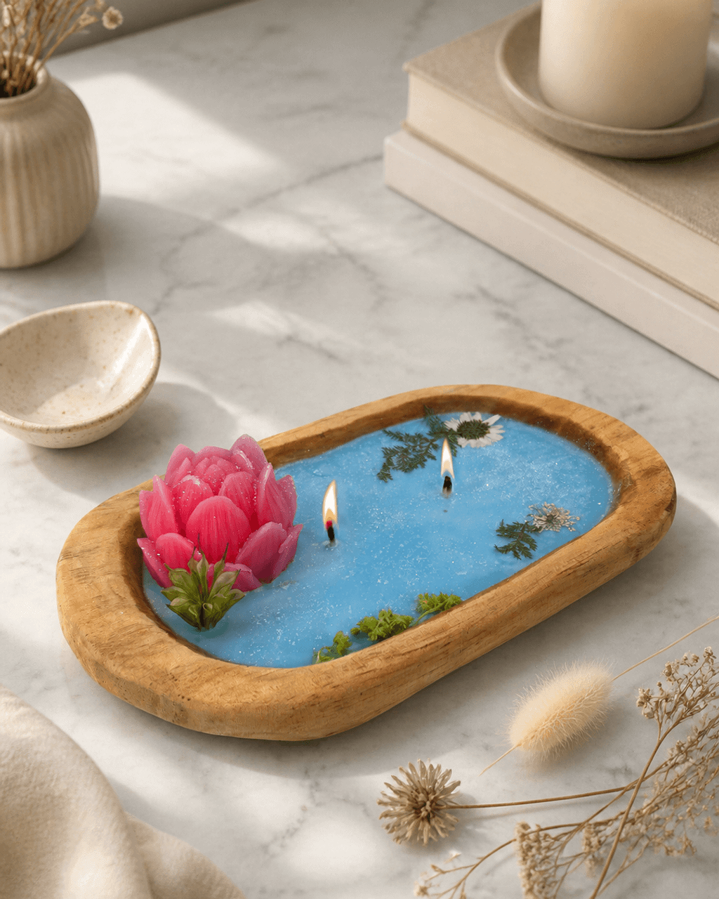 Lotus Bloom Dough Bowl Candle in Natural Wood - Candles