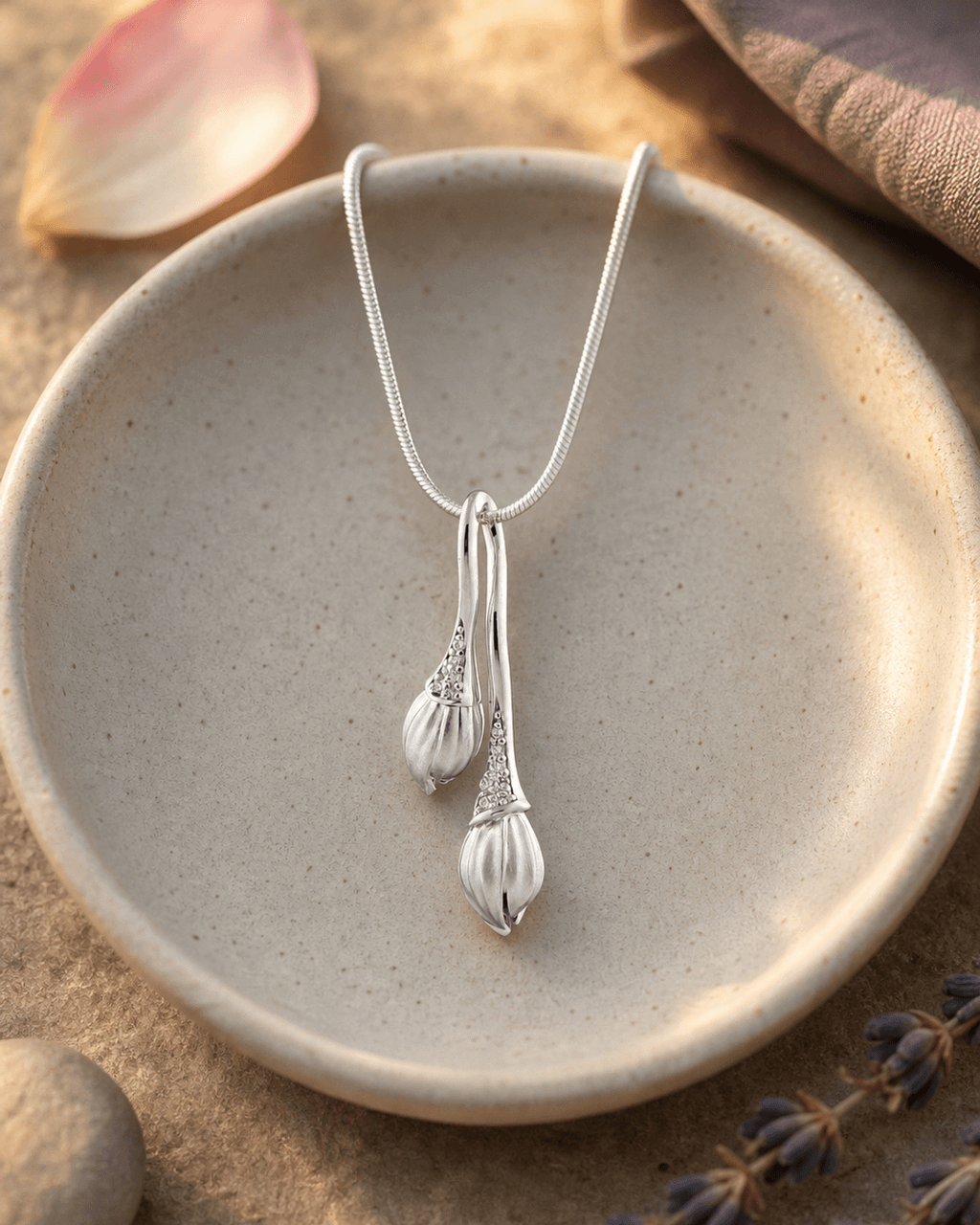 Lotus Buds Crystal Pendant, Sterling Silver - Charms & Pendants