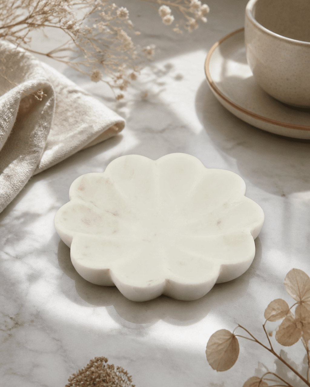 Lotus Flower Marble Tray – Hand - Carved Decorative Catchall - Decorative Trays
