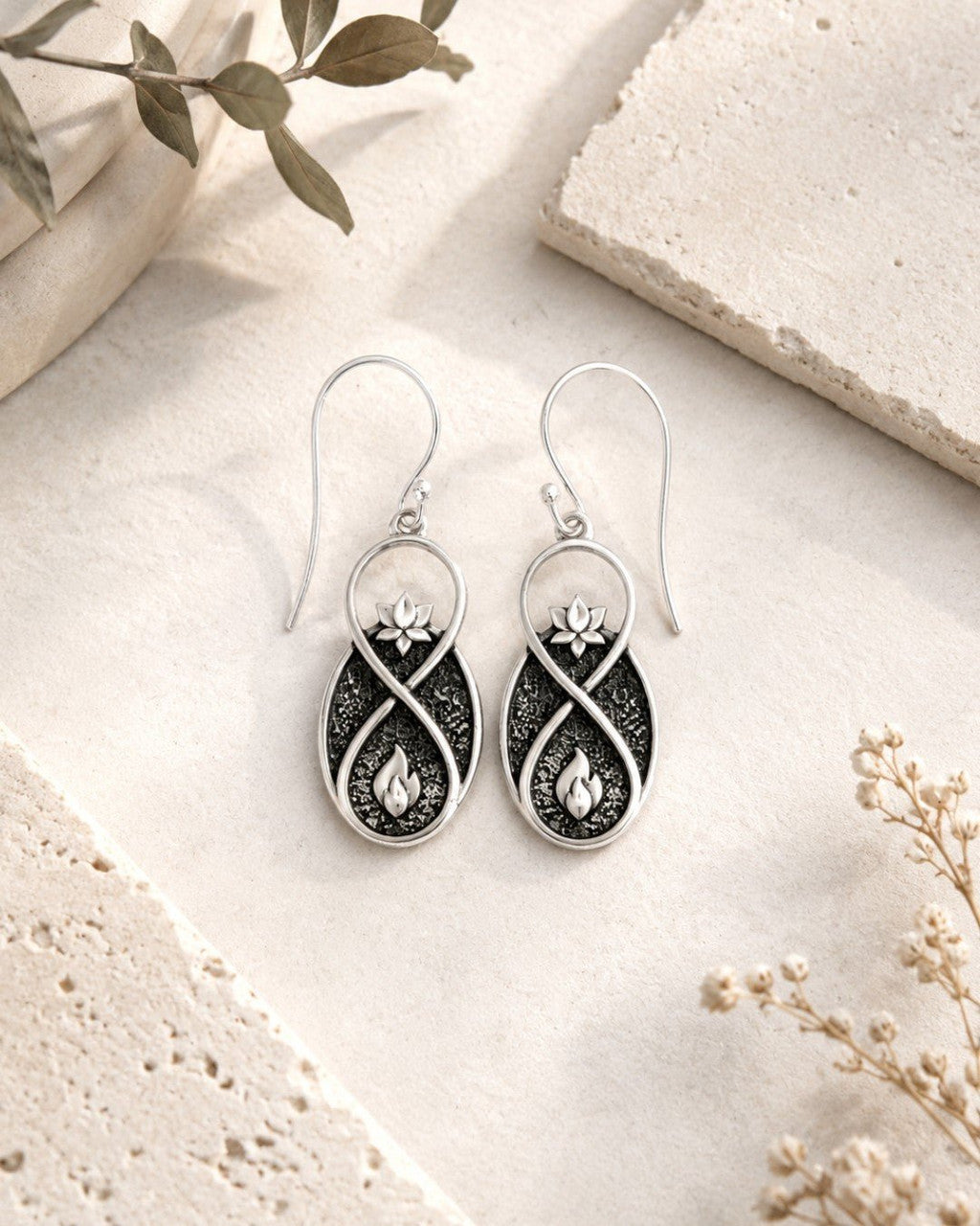 Lotus Infinity Flame Earrings — Silver - Plated White Bronze Symbolic Drop Earrings - Earrings