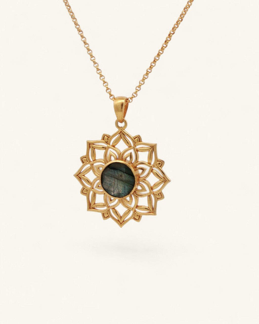 Lotus Mandala Pendant with Labradorite Gemstone — Gold-Plated Brass - Pendant