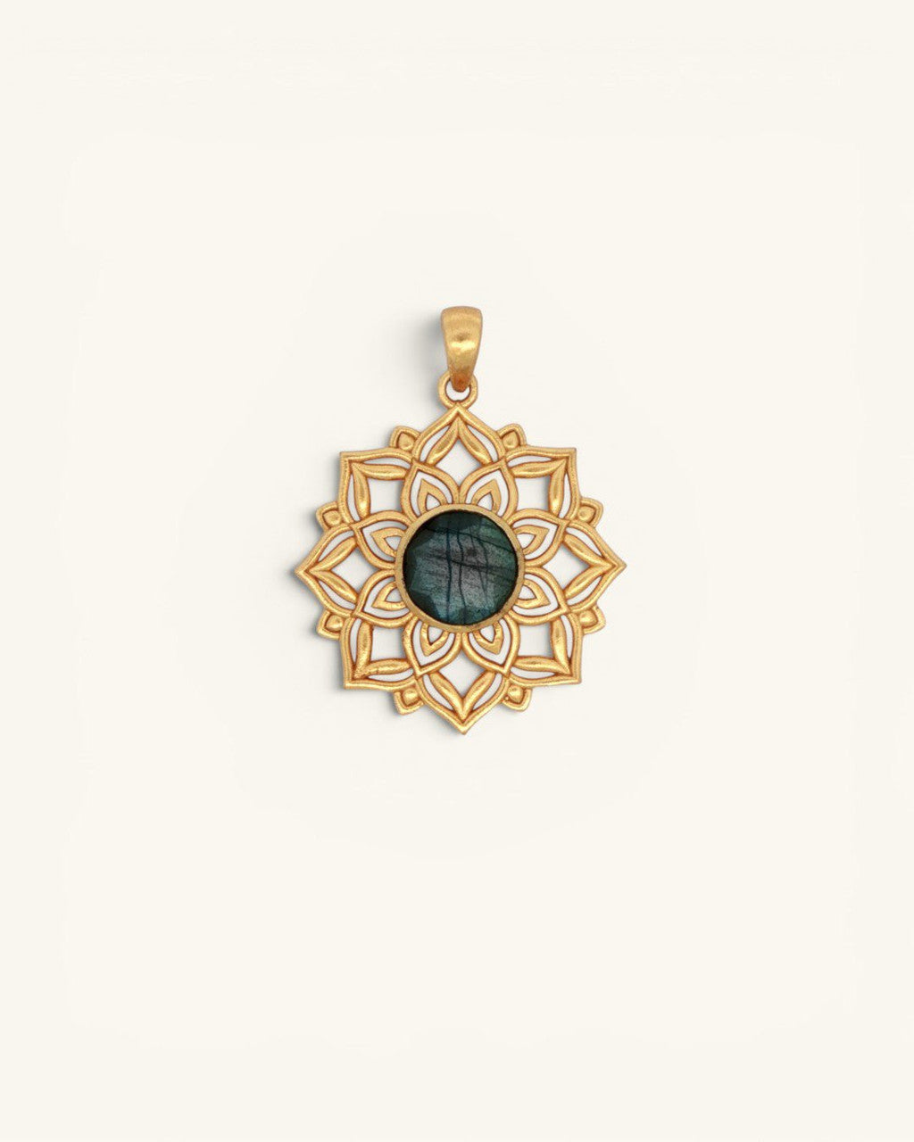 Lotus Mandala Pendant with Labradorite Gemstone — Gold-Plated Brass - Pendant