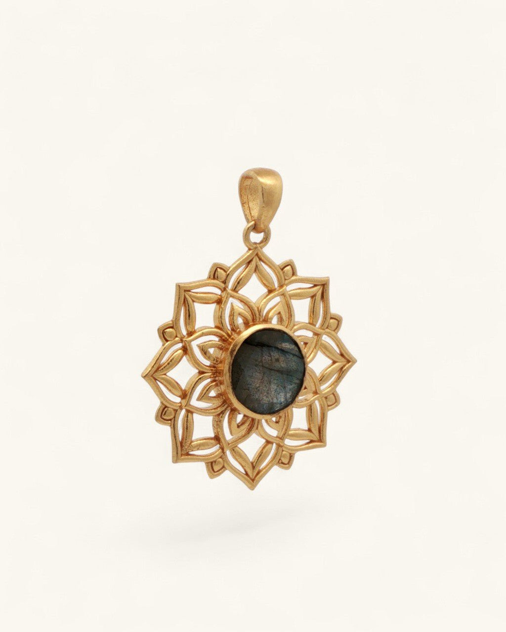 Lotus Mandala Pendant with Labradorite Gemstone — Gold-Plated Brass - Pendant