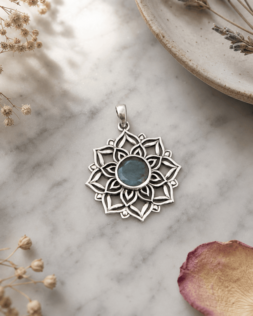 Lotus Mandala Pendant with Labradorite Gemstone – Sacred Symbol of Intuition and Light - Pendant