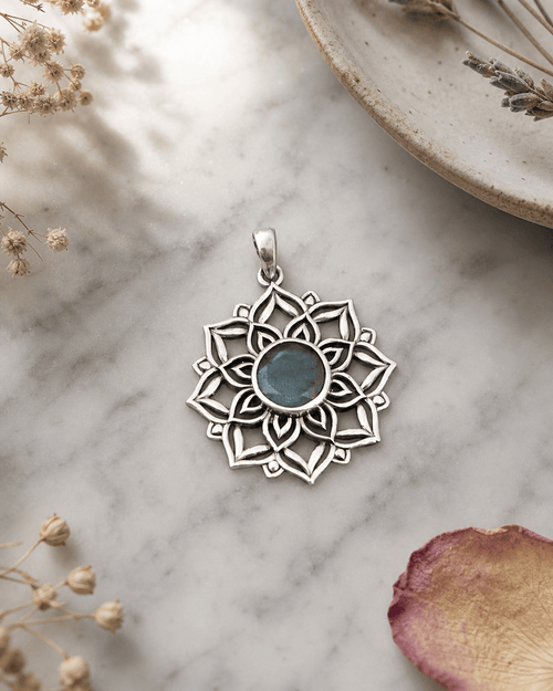 Lotus Mandala Pendant with Labradorite Gemstone – Sacred Symbol of Intuition and Light - Pendant