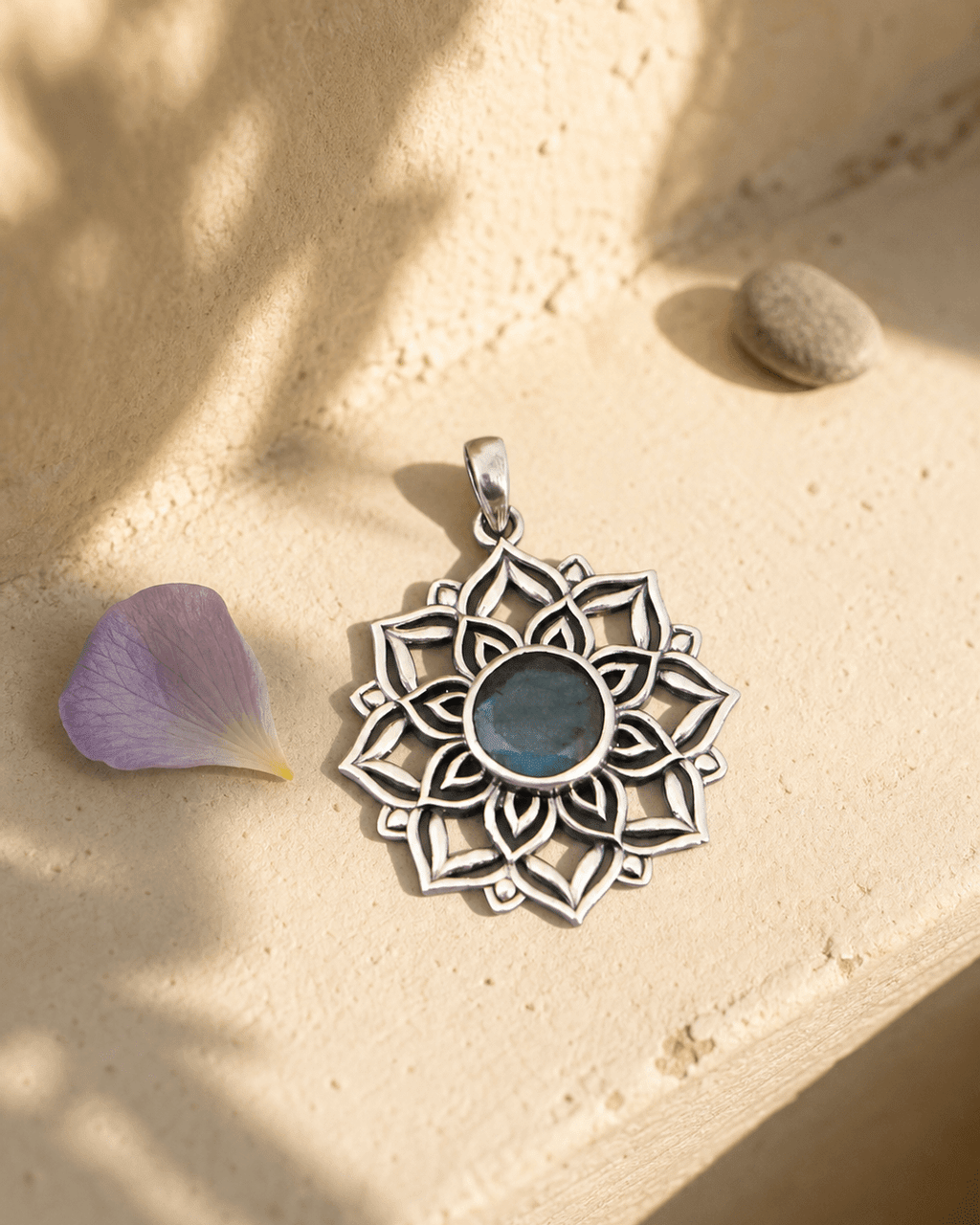 Lotus Mandala Pendant with Labradorite Gemstone – Sacred Symbol of Intuition and Light - Pendant
