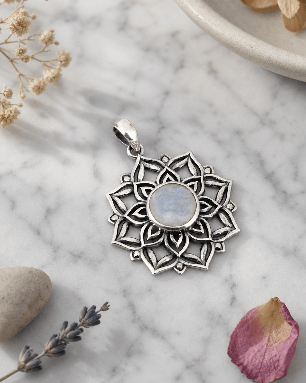 Lotus Mandala Pendant with Rainbow Moonstone Gemstone – Sacred Symbol of Calm - Pendant