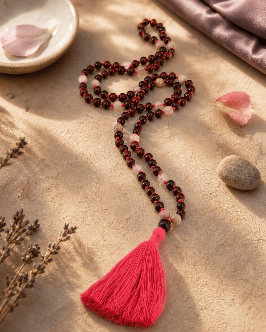 Love and Compassion Rosewood Meditation Mala With Rose Quartz and Rhodonite - Prayer Beads