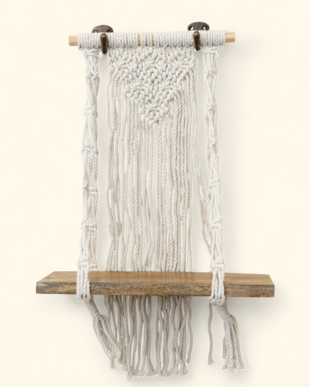 Macrame Wall Shelf with Natural Wood for Small Altar or Statue - Wall Hanging 12 Inch