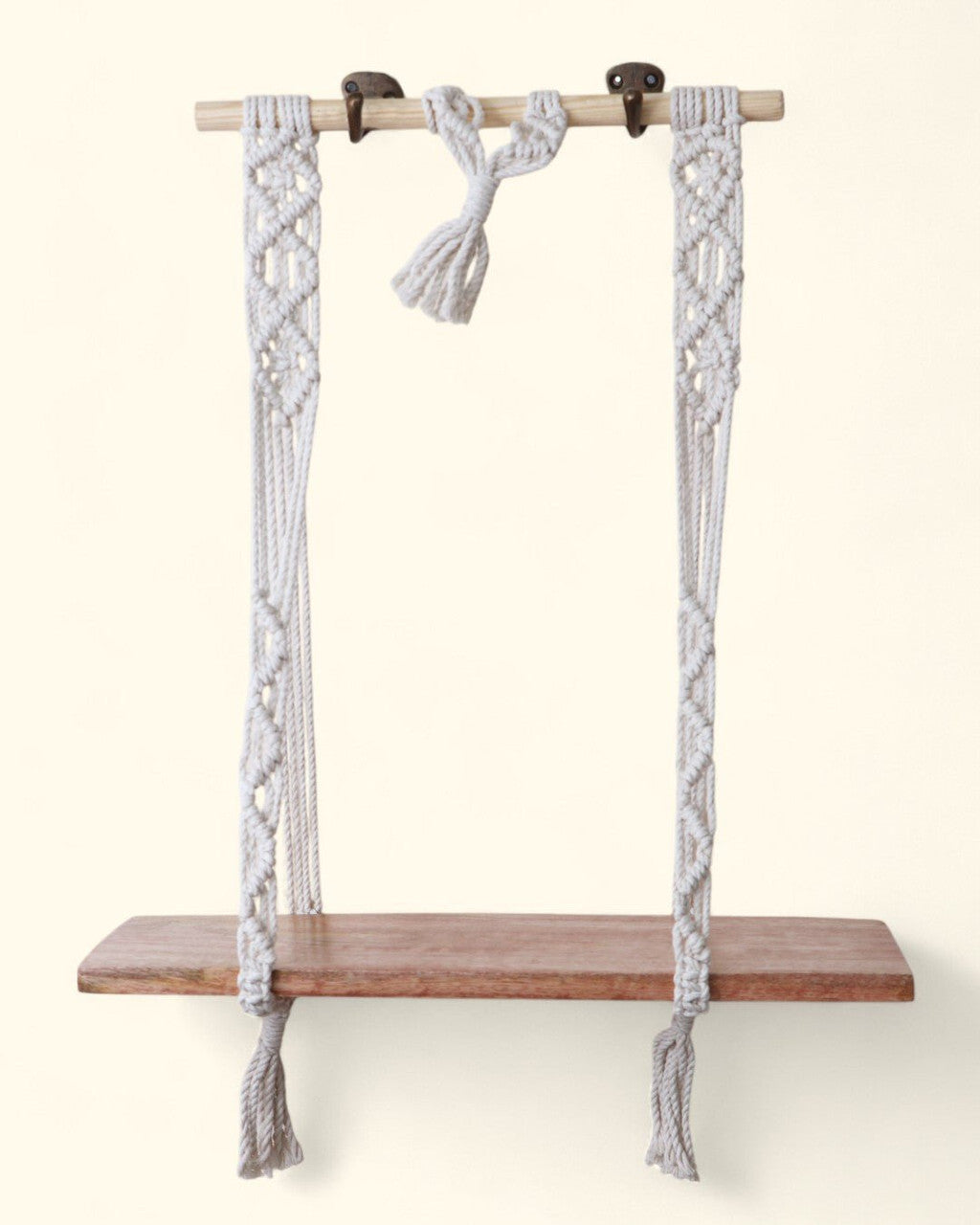 Macrame Wall Shelf with Natural Wood for Small Altar or Statue - Wall Hanging 16 Inch