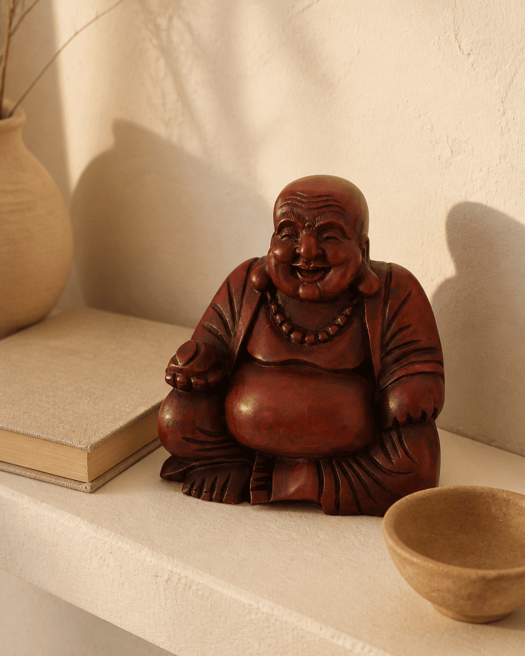 Mahogany Finish Sitting Happy Buddha Statue - Sculptures & Statues