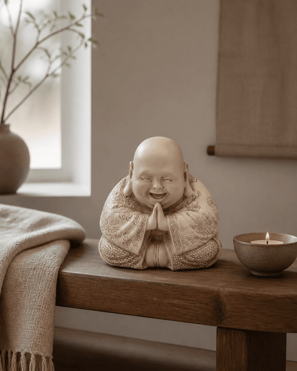 Majestic Praying Happy Buddha Statue - Sculptures & Statues White