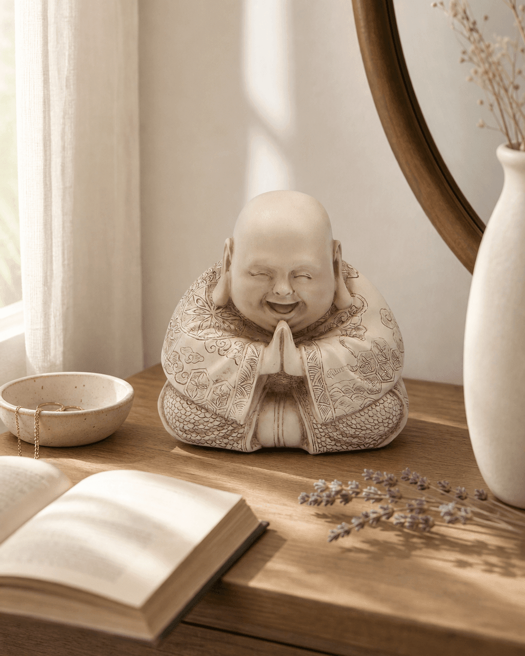 Majestic Praying Happy Buddha Statue - Sculptures & Statues White