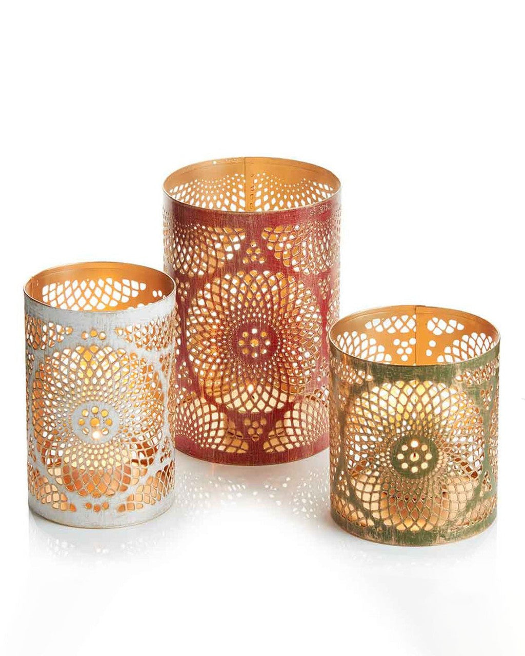 Mandala Cutout Iron Lantern Trio – Sacred Geometry Candle Holders (Set of 3) - Candle Holders