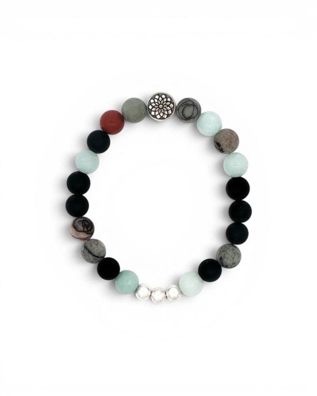 Mandala Gemstone Stretch Bracelet — Chalcedony, Onyx & Red Jasper - Bracelet