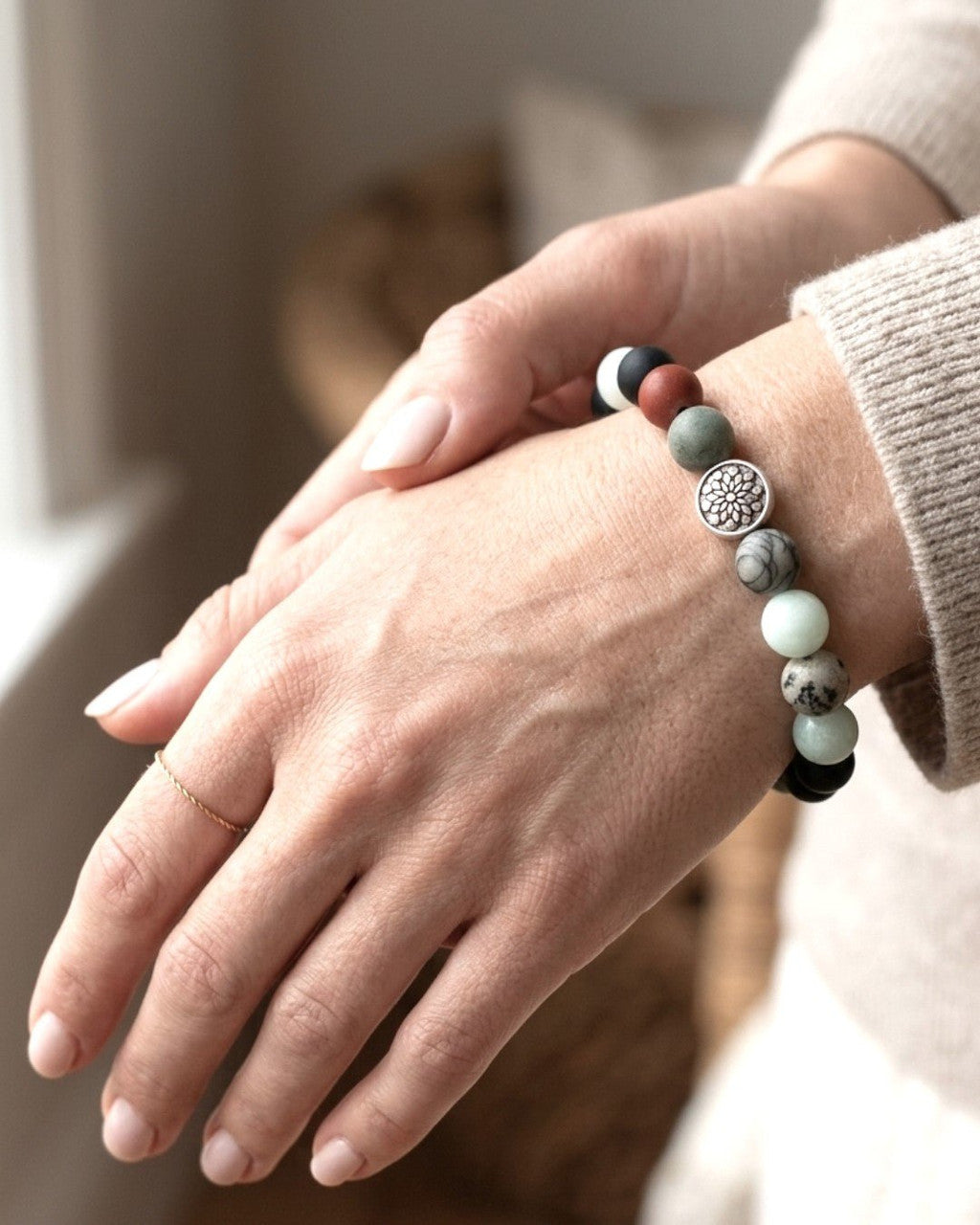 Mandala Gemstone Stretch Bracelet — Chalcedony, Onyx & Red Jasper - Bracelet