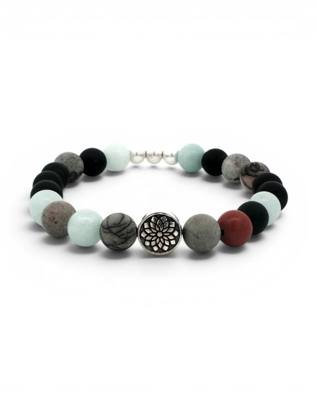 Mandala Gemstone Stretch Bracelet — Chalcedony, Onyx & Red Jasper - Bracelet
