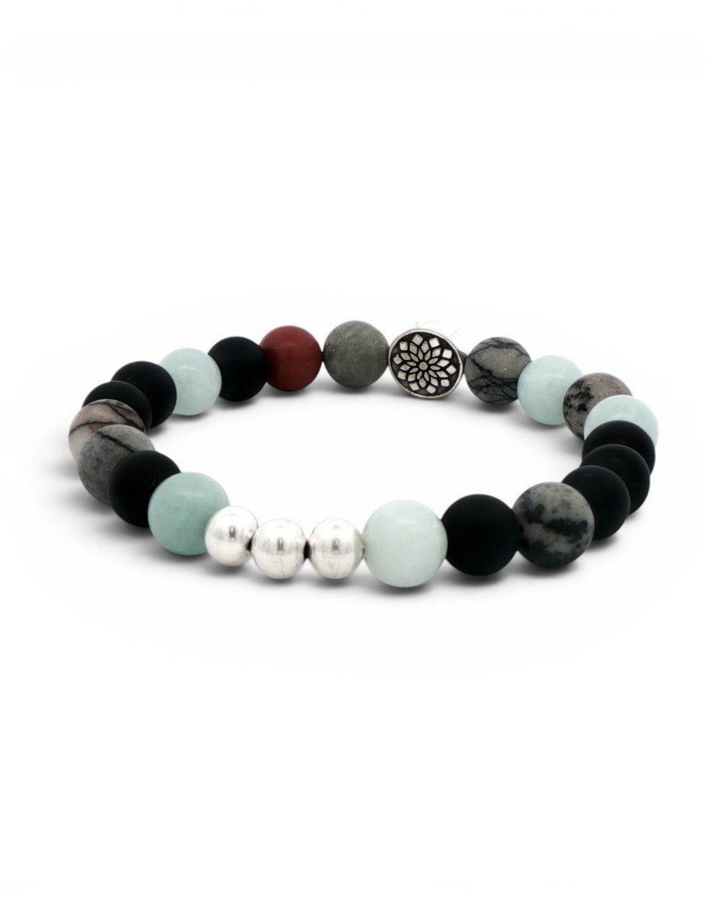 Mandala Gemstone Stretch Bracelet — Chalcedony, Onyx & Red Jasper - Bracelet