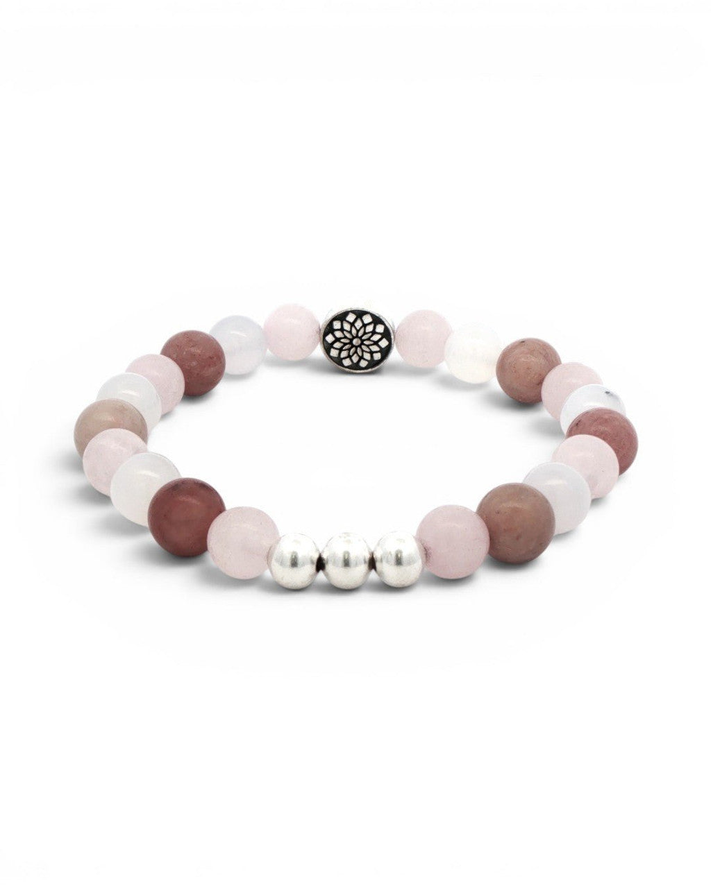 Mandala Gemstone Stretch Bracelet — Rose Quartz, Rhodochrosite & Chalcedony Beads - Bracelet