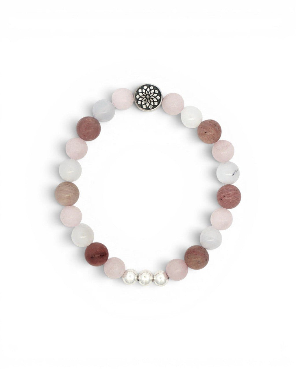 Mandala Gemstone Stretch Bracelet — Rose Quartz, Rhodochrosite & Chalcedony Beads - Bracelet