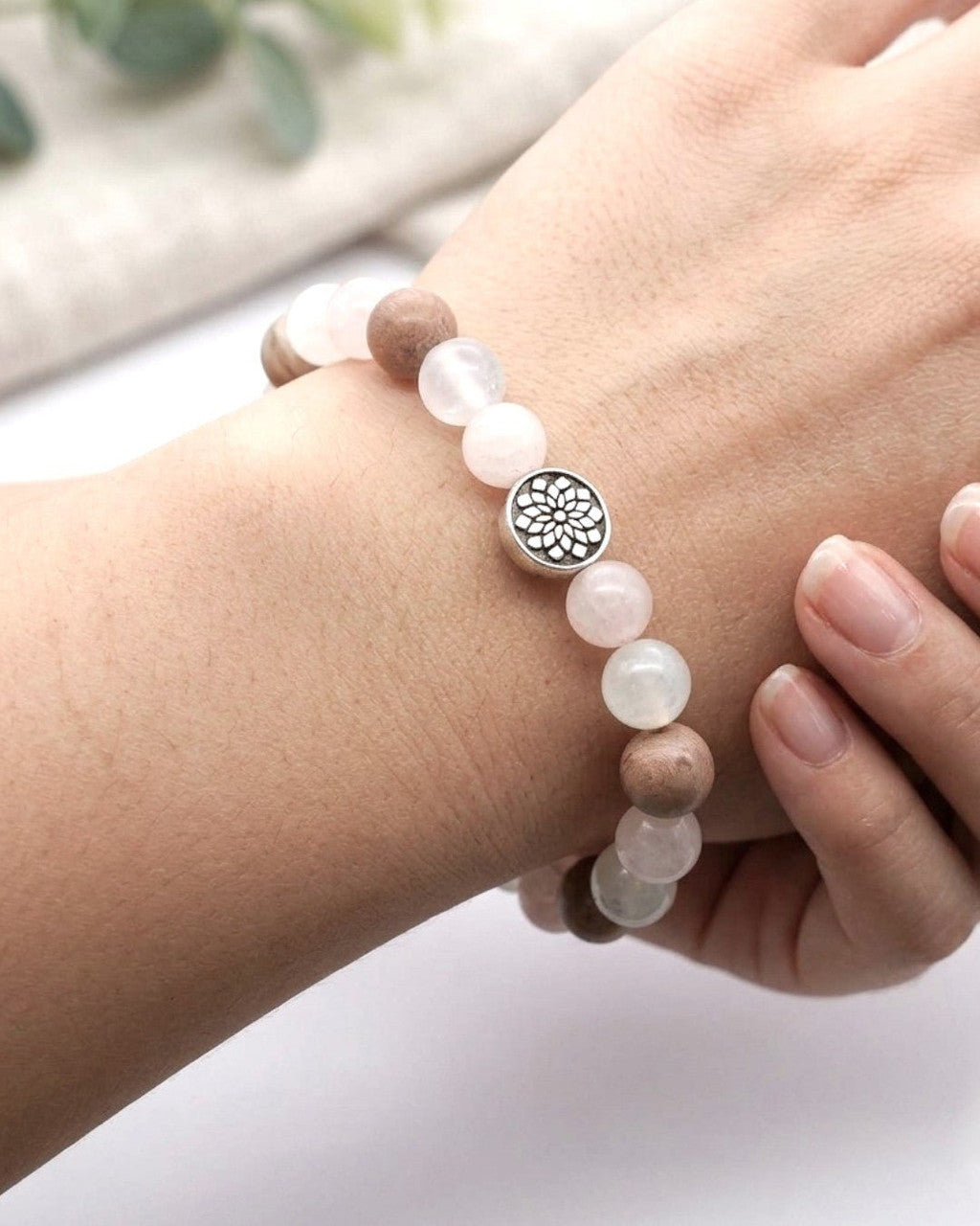 Mandala Gemstone Stretch Bracelet — Rose Quartz, Rhodochrosite & Chalcedony Beads - Bracelet