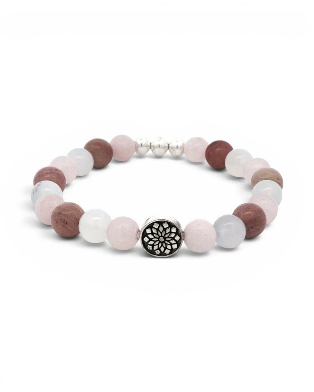 Mandala Gemstone Stretch Bracelet — Rose Quartz, Rhodochrosite & Chalcedony Beads - Bracelet