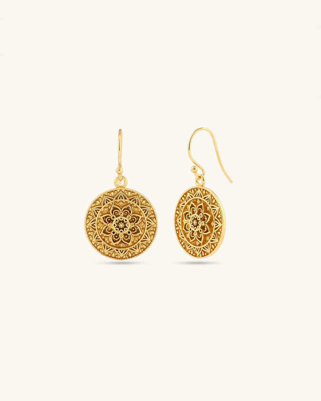 Mandala Lotus Earrings — Gold - Plated Brass Drop Earrings with French Hooks - Earrings