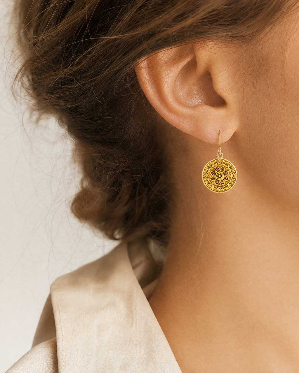 Mandala Lotus Earrings — Gold - Plated Brass Drop Earrings with French Hooks - Earrings