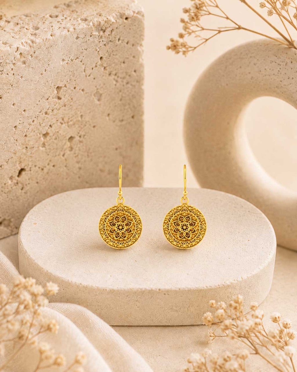 Mandala Lotus Earrings — Gold - Plated Brass Drop Earrings with French Hooks - Earrings