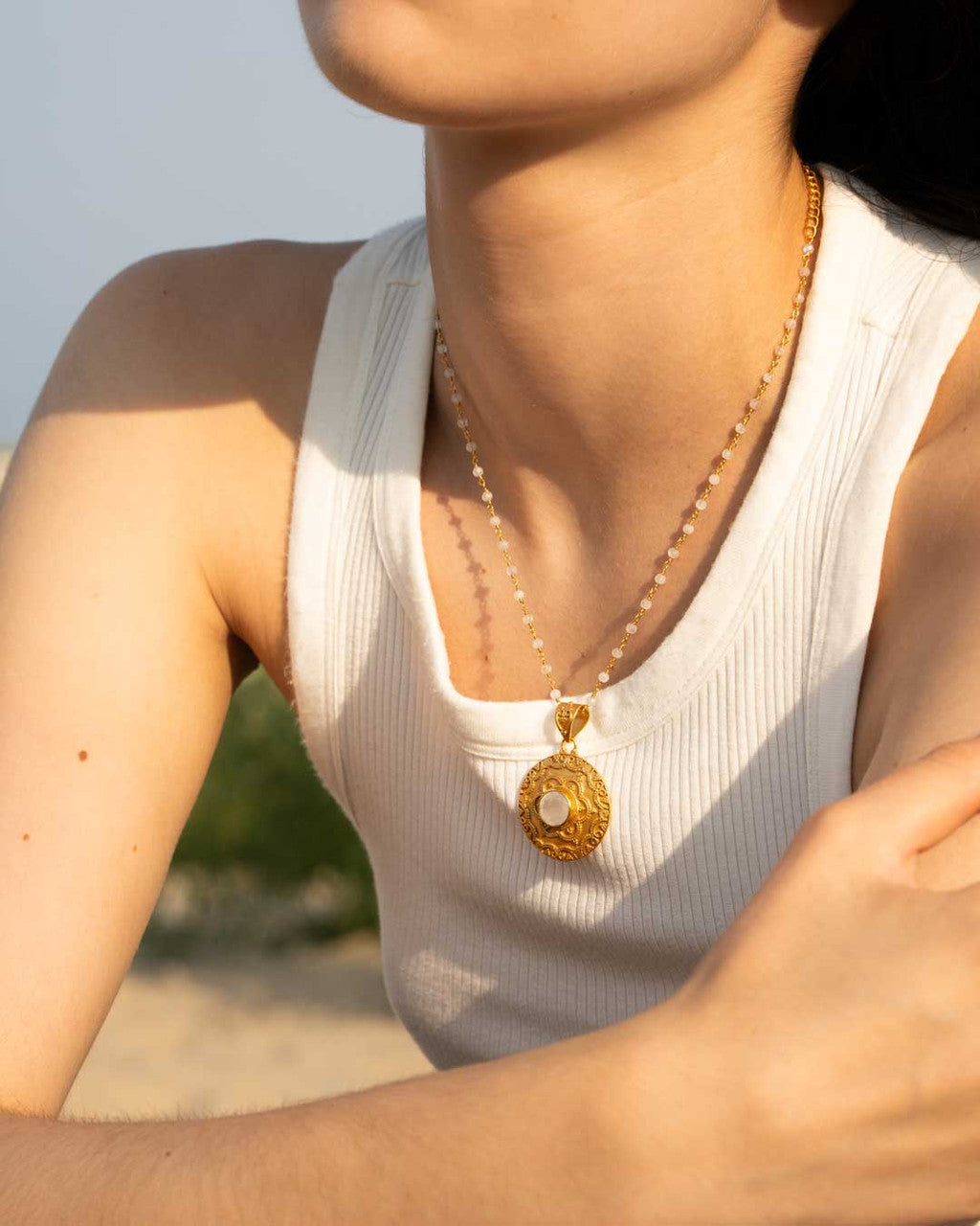 Mandala Necklace with Rainbow Moonstone Gemstone – 18K Gold Plated - Necklaces