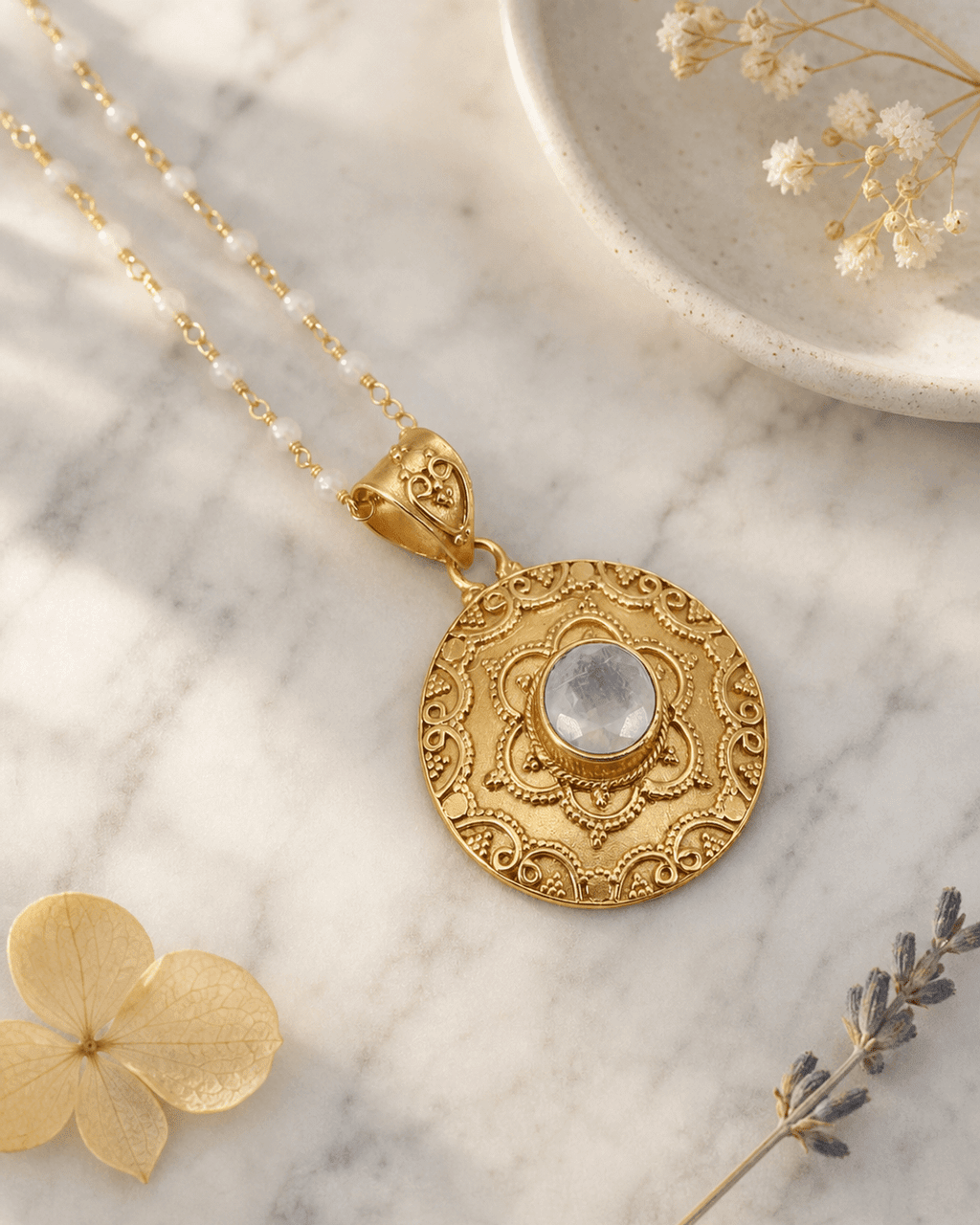 Mandala Necklace with Rainbow Moonstone Gemstone – 18K Gold Plated - Necklaces