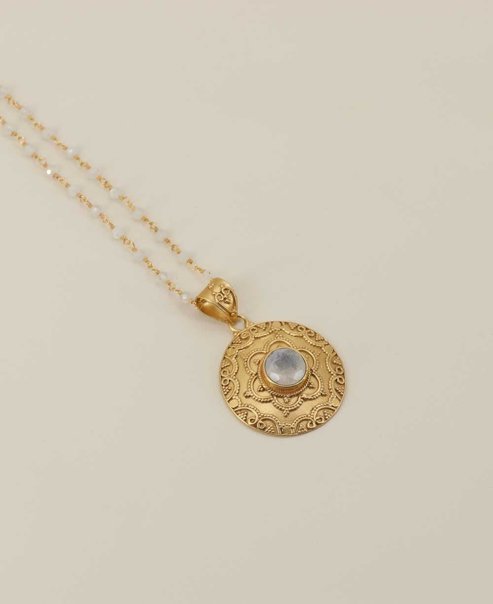 Mandala Necklace with Rainbow Moonstone Gemstone – 18K Gold Plated - Necklaces
