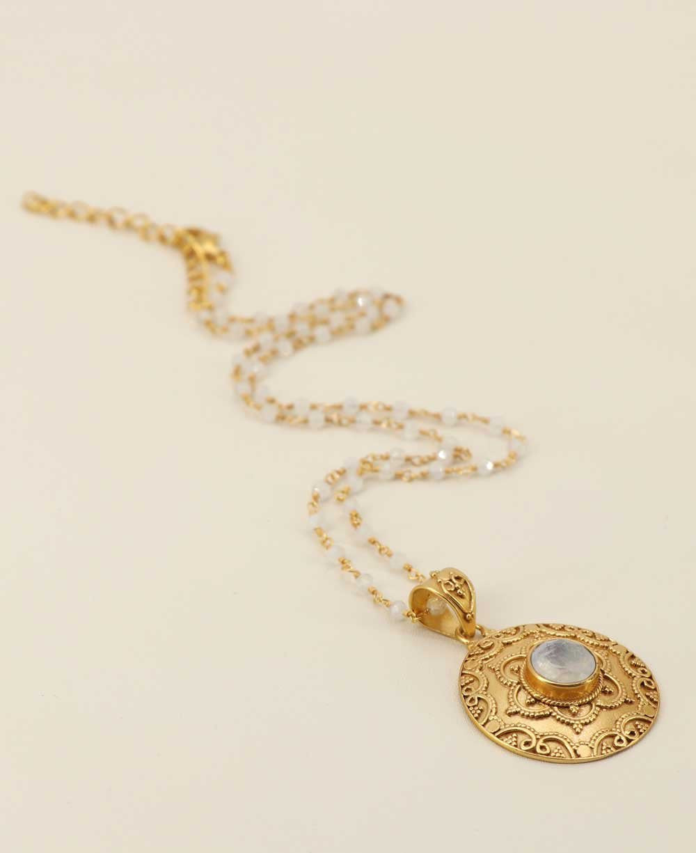 Mandala Necklace with Rainbow Moonstone Gemstone – 18K Gold Plated - Necklaces