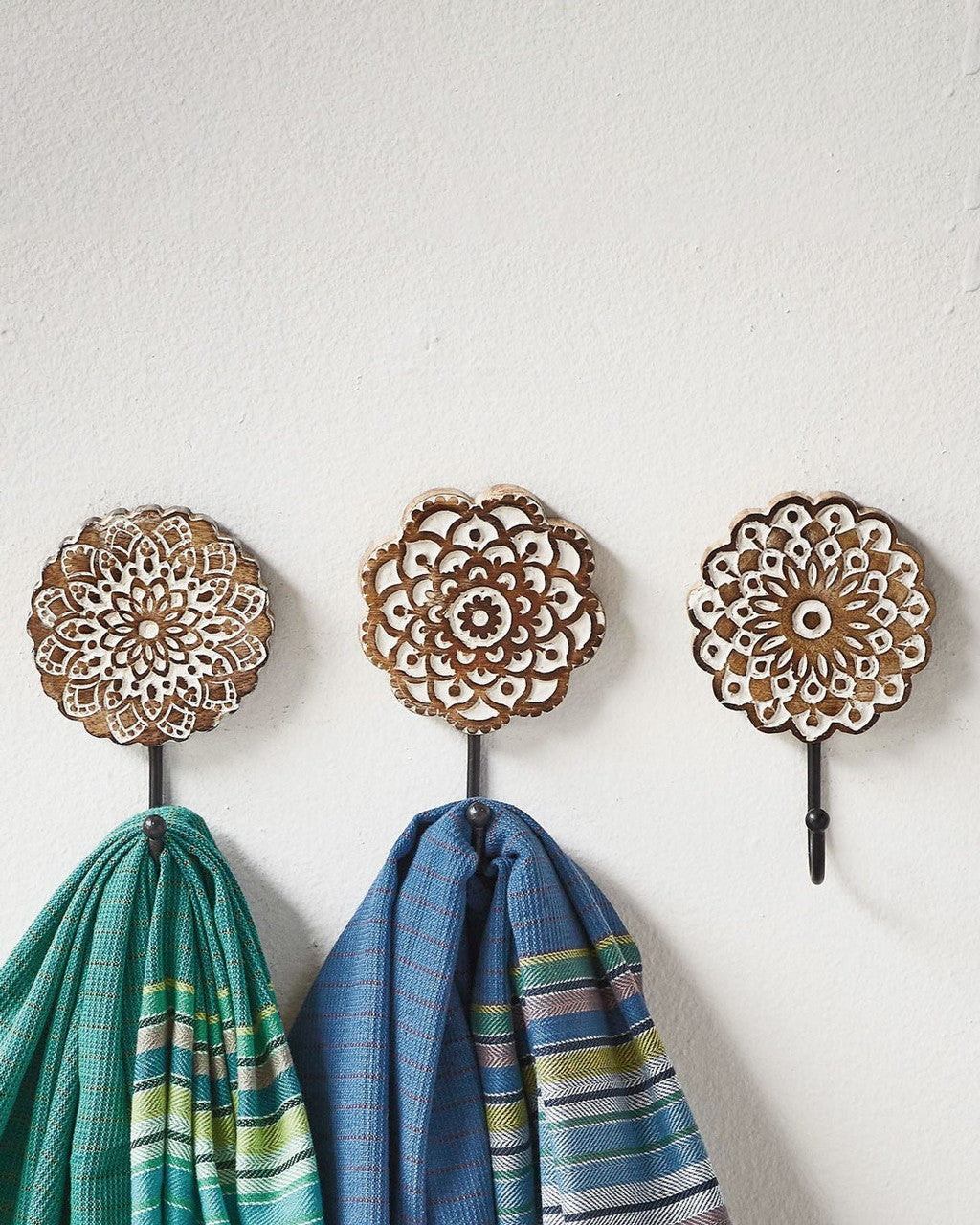 Mandala Wall Hooks – Hand - Carved Mango Wood Hook Set (Set of 3) - Wall Art