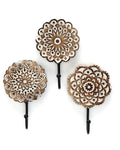 Mandala Wall Hooks – Hand - Carved Mango Wood Hook Set (Set of 3) - Wall Art