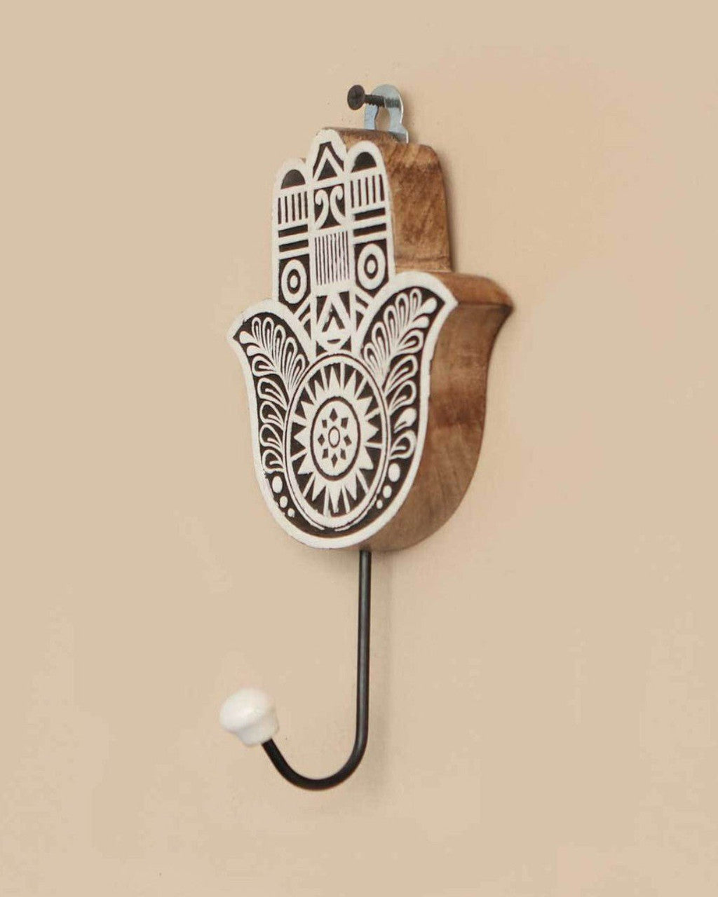 Mango Wood Block Print Design Hamsa Wall Hook - Hangers