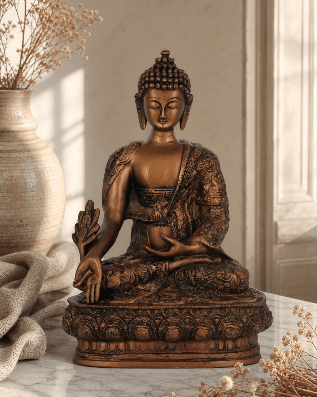 Medicine Buddha Statue Bronze Color - Sculptures & Statues