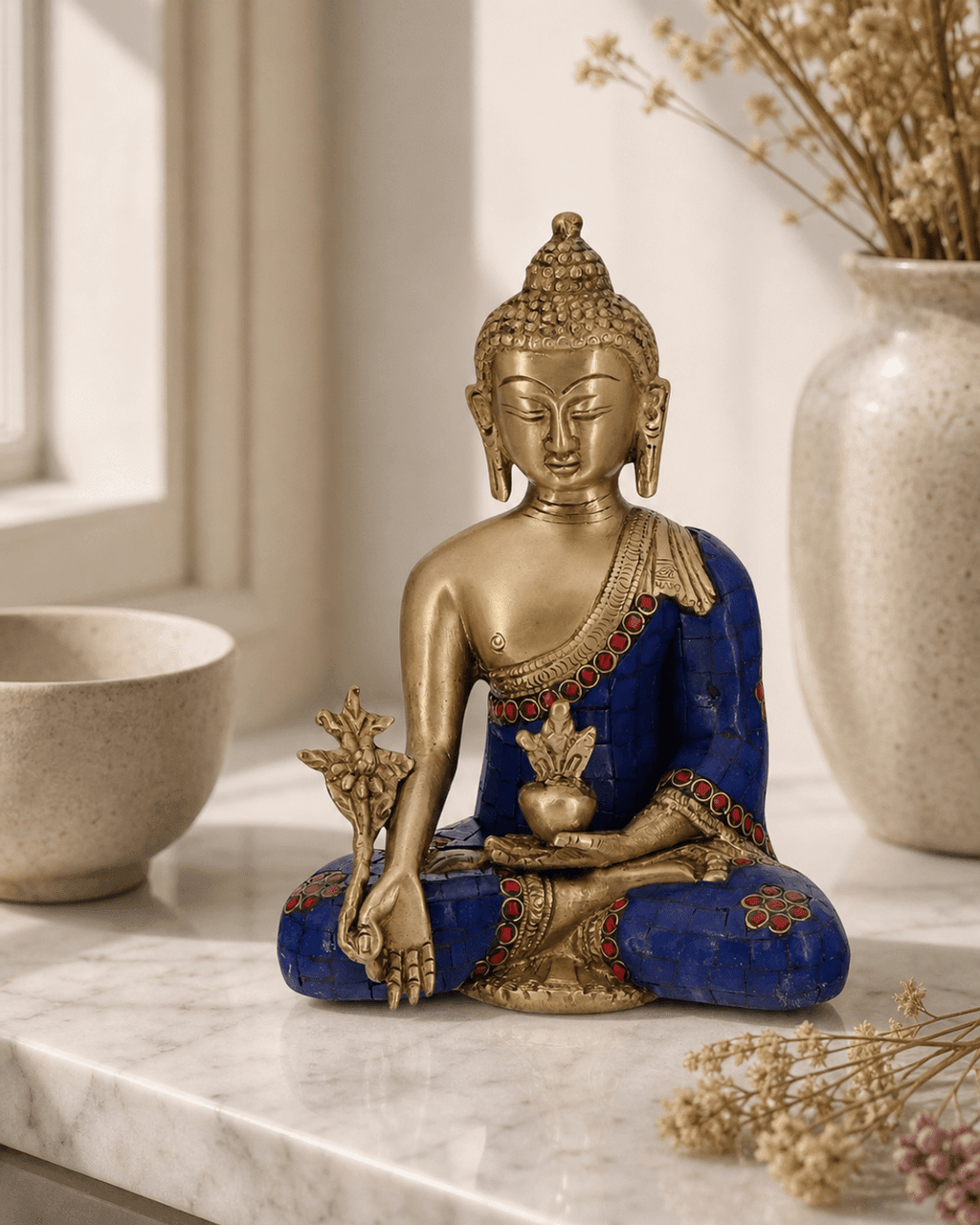 Medicine Buddha Statue in Artistic Brass Mosaic - Sculptures & Statues