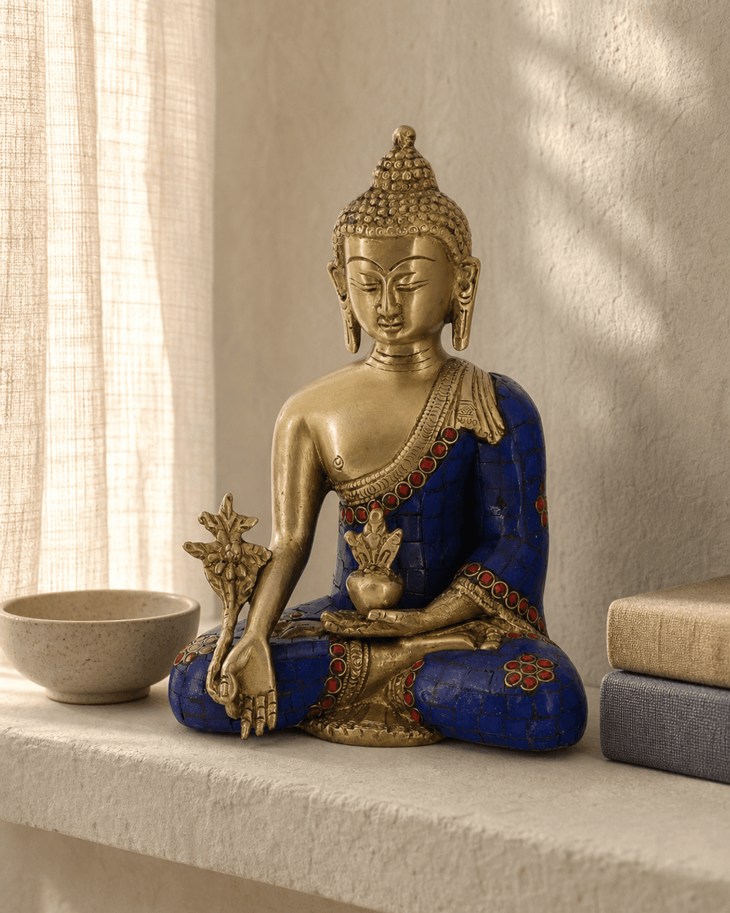 Medicine Buddha Statue in Artistic Brass Mosaic - Sculptures & Statues