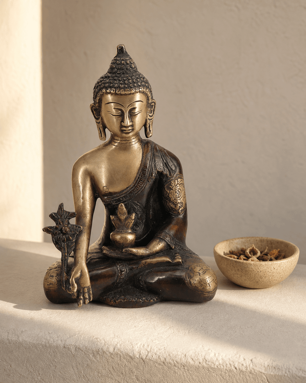 Medicine Buddha Statue in Brass With Intricate Design - Sculptures & Statues