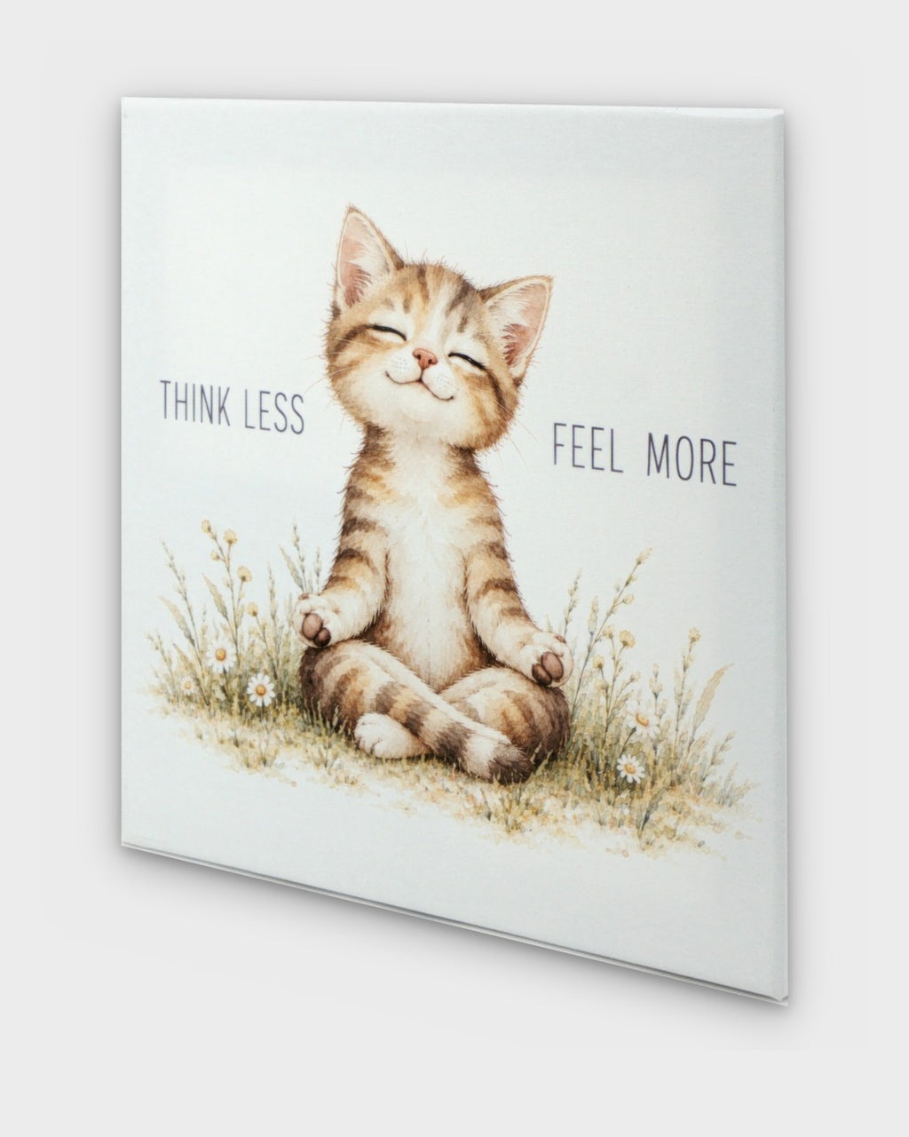 Think Less Feel More meditating cat canvas wall art, angled side view showing canvas depth and wrapped edges