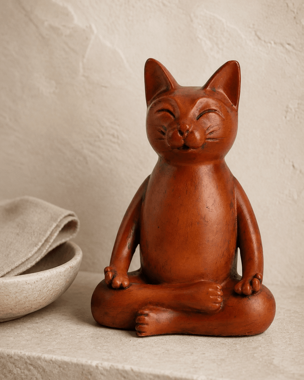 Meditating Cat Statue, Mahogany Finish - Sculptures & Statues