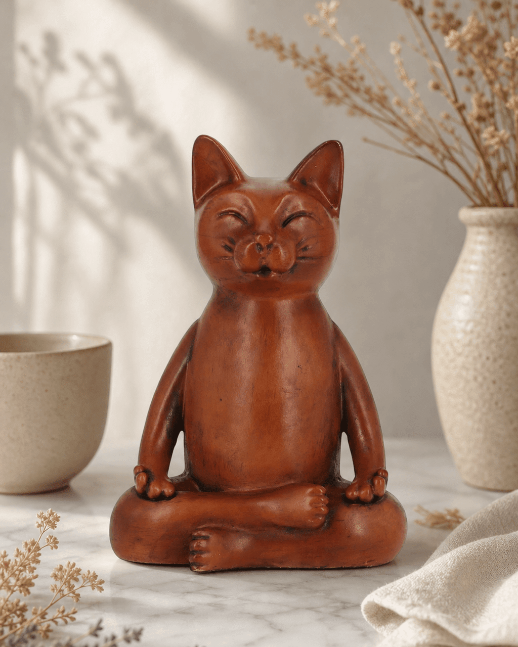 Meditating Cat Statue, Mahogany Finish - Sculptures & Statues