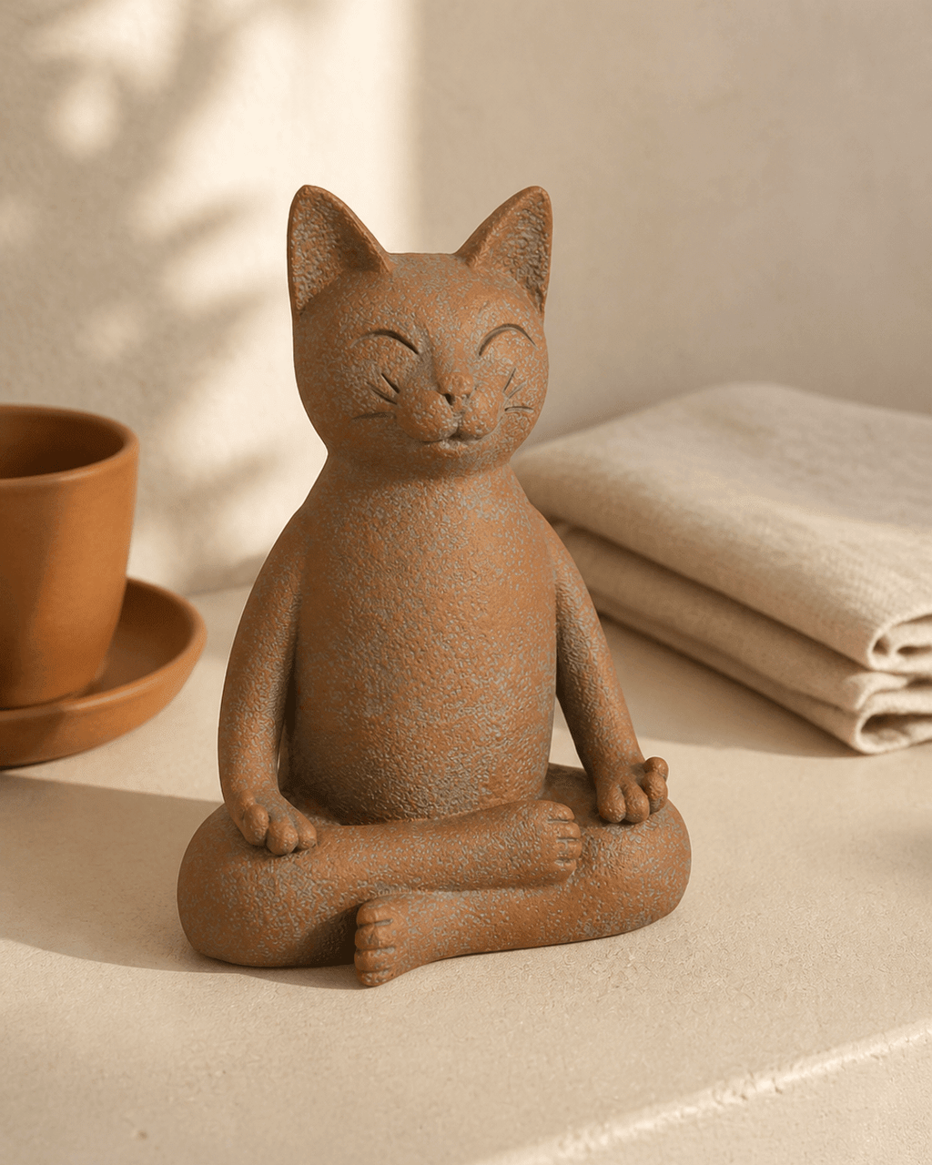 Meditating Cat Statue, Textured Finish - Sculptures & Statues