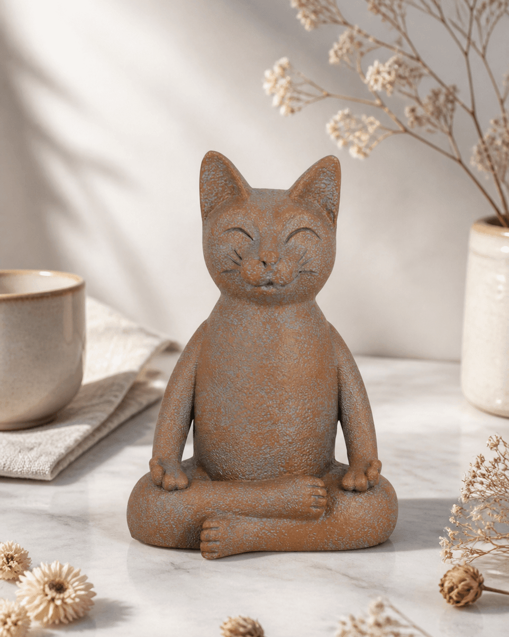 Meditating Cat Statue, Textured Finish - Sculptures & Statues