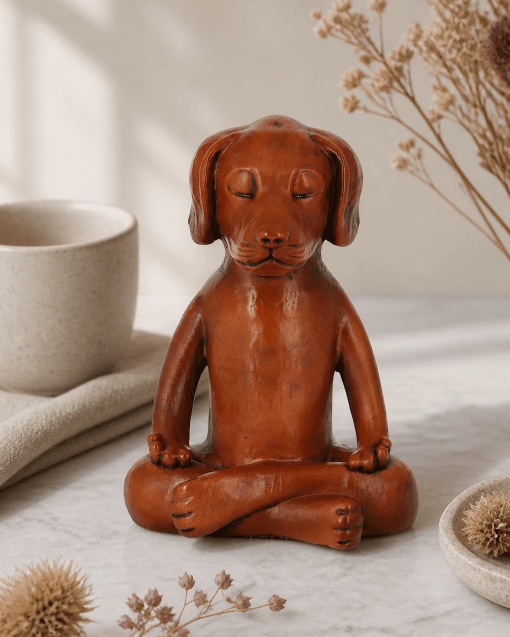 Meditating Dog Statue in Rich Mahogany Tone - Sculptures & Statues
