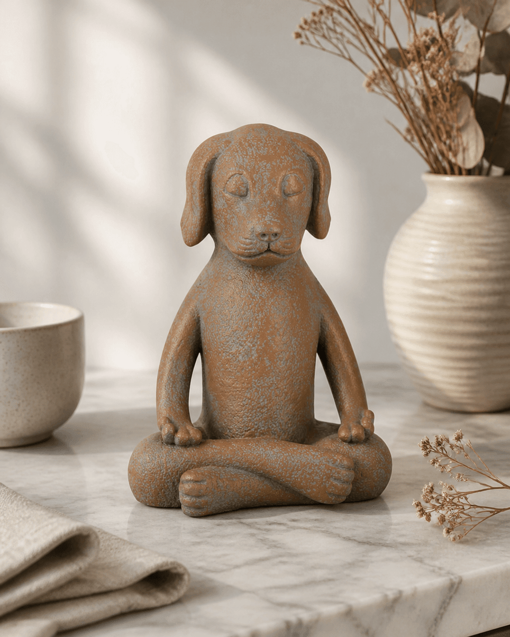 Meditating Dog Statue, Terra Cotta Finish - Sculptures & Statues