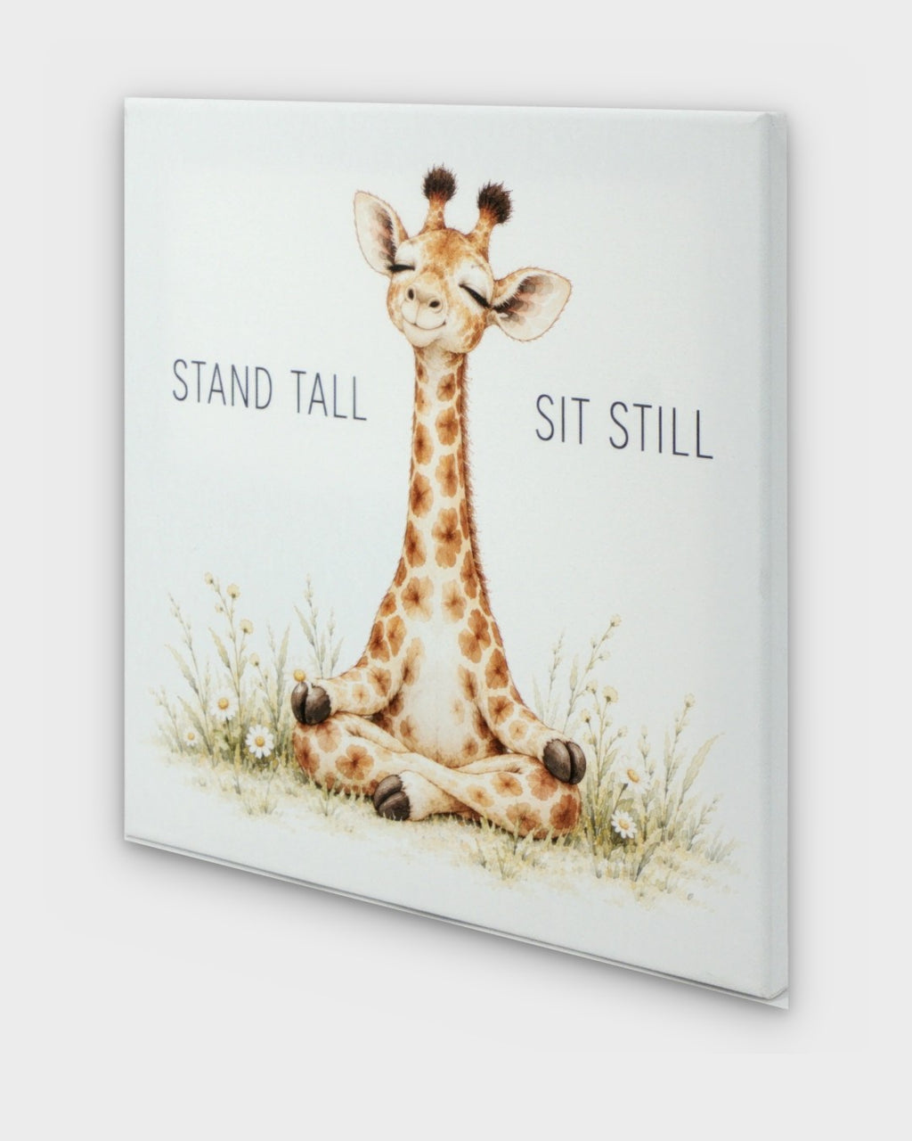 Meditating giraffe canvas wall art shown at a side angle, revealing the wrapped canvas depth and white gallery edges
